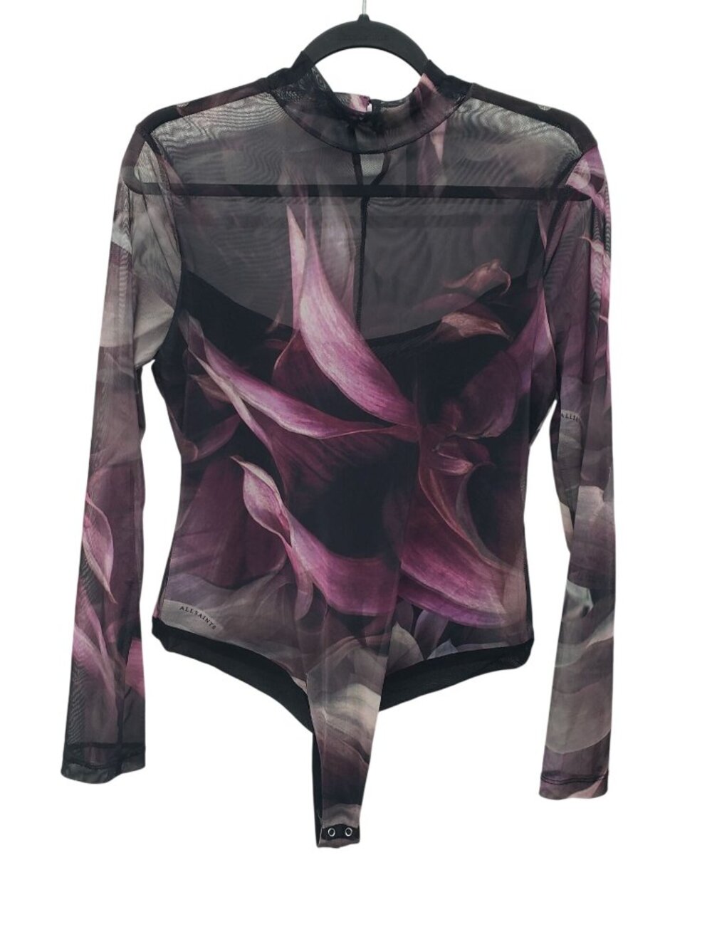 AllSaints Elia Margeaux Bodysuit Black Purple Long Sleeeve Mesh Mock Neck Goth - Picture 2 of 10